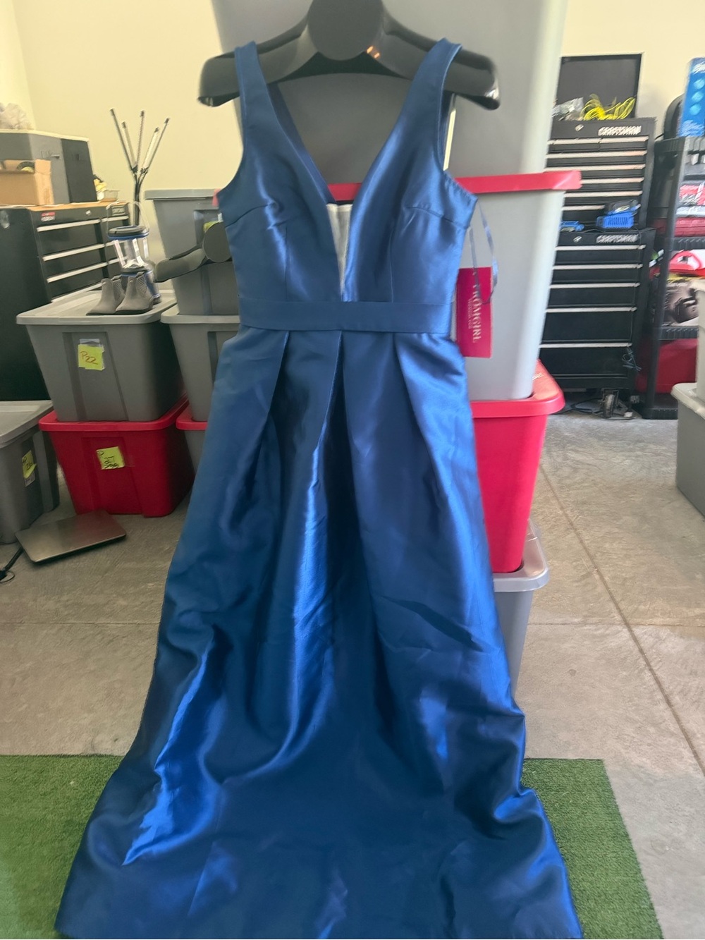 Blue V-Neck Satin Evening Dress